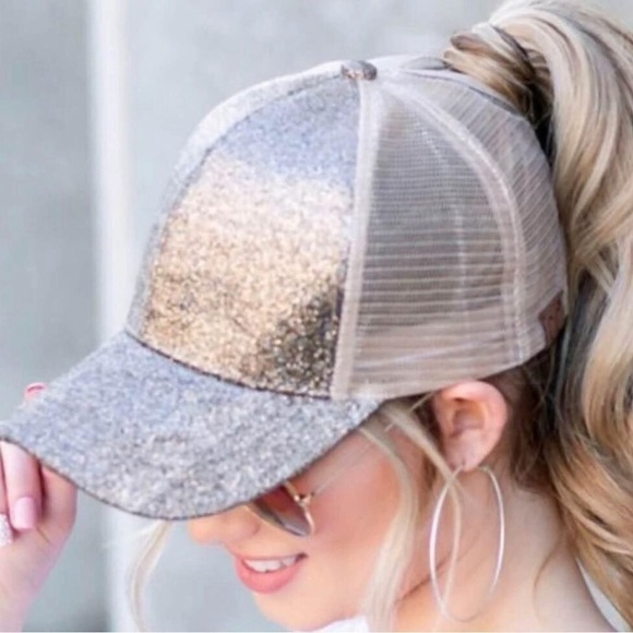 CC Glitter Messy Bun Ball Cap Silver Glitter/Baby Blue Mesh One Size - Picture 1 of 6